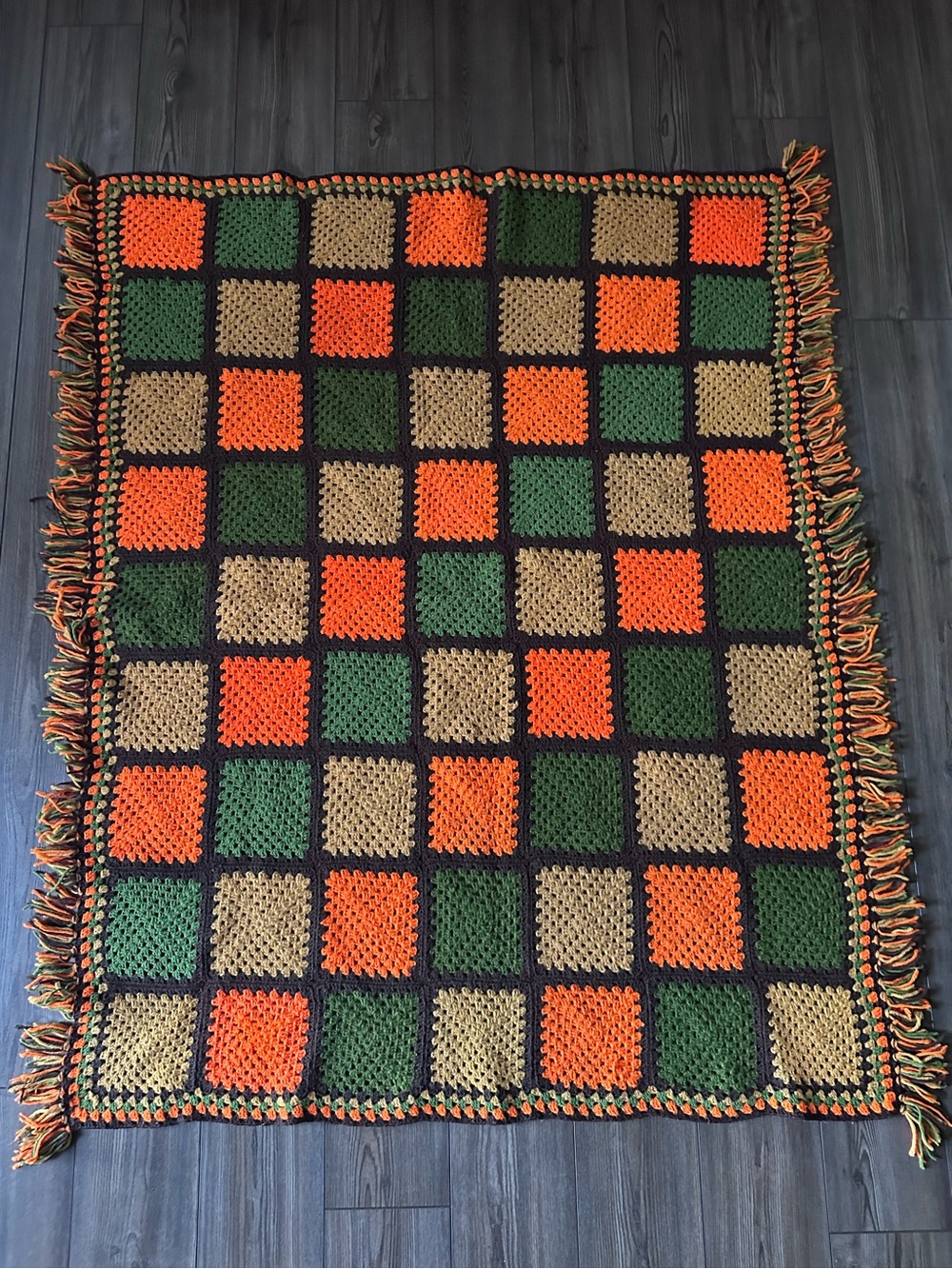 Vintage 70s Crochet Afghan Blanket Orange Green Gold Brown Fringe Retro Boho
